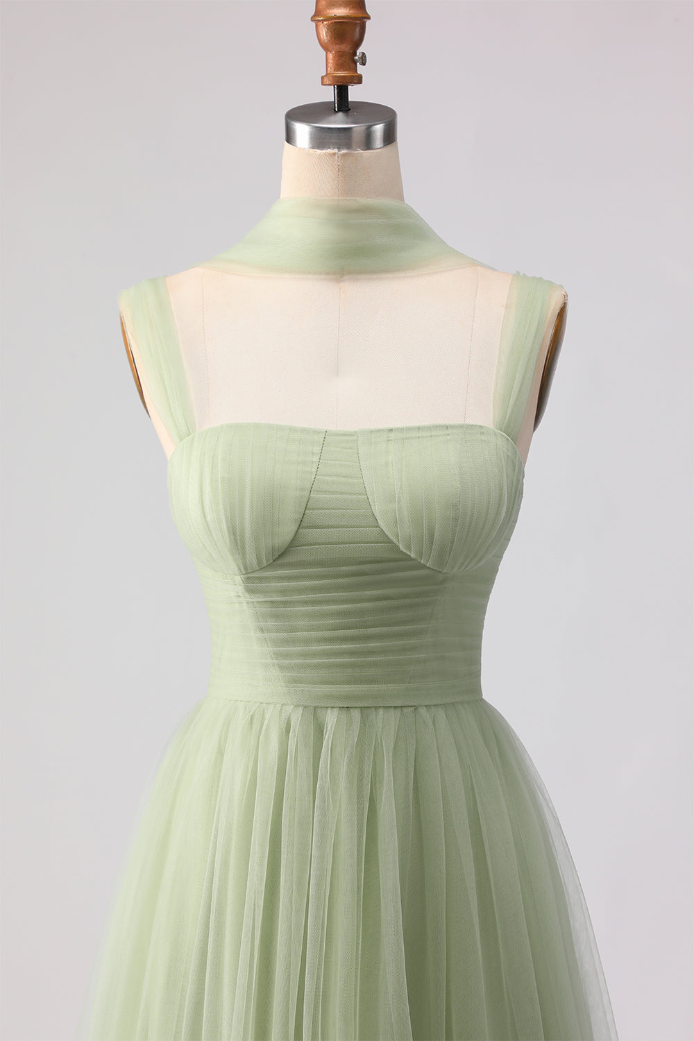 A Line Tulle Dusty Sage Pleated Bridesmaid Dress