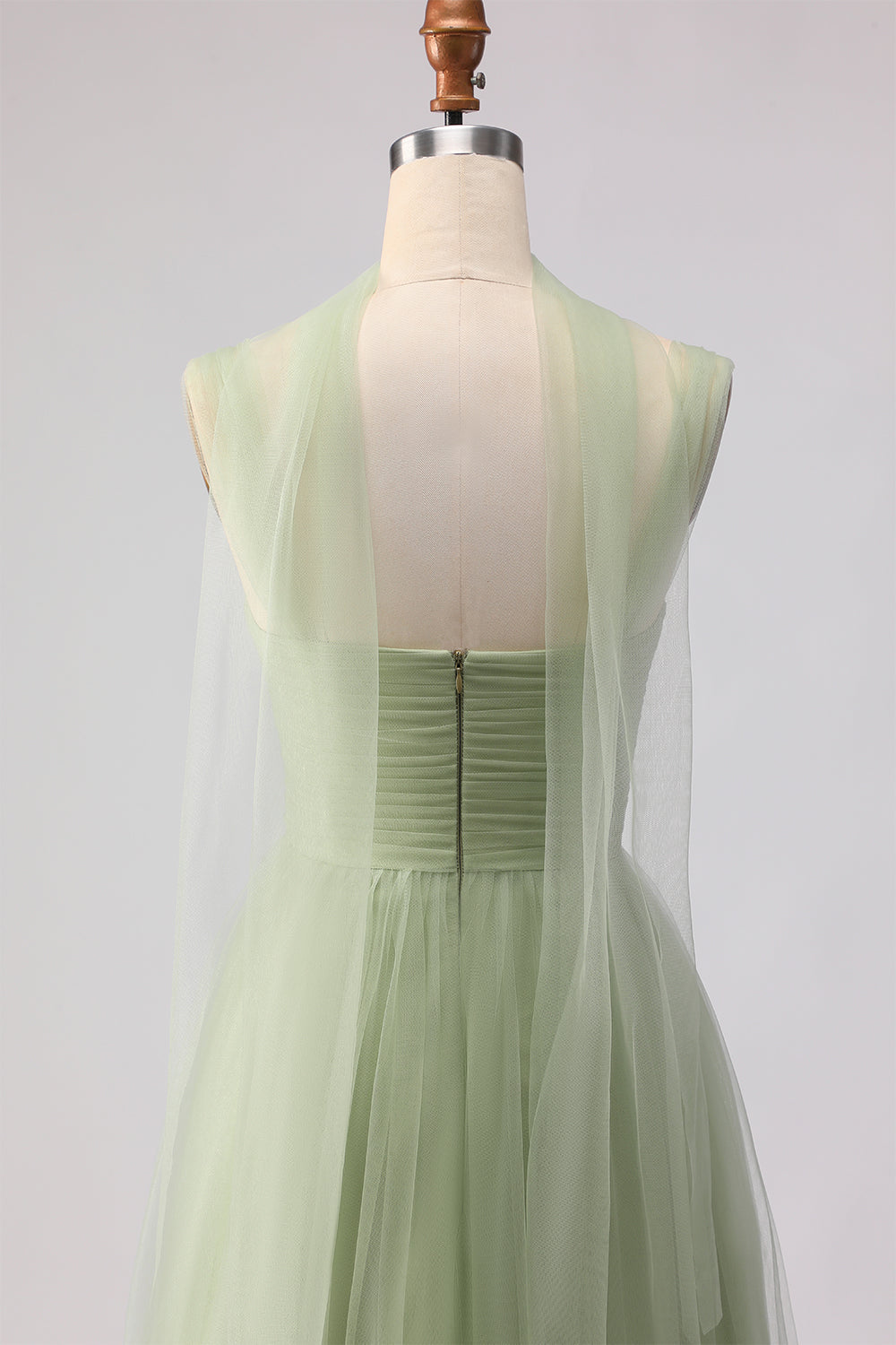 A Line Tulle Dusty Sage Pleated Bridesmaid Dress