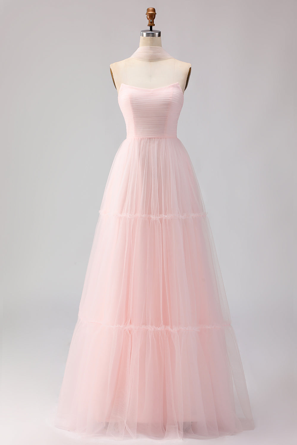 Blushing Pink Strapless A Line Tulle Prom Dress
