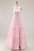 Blushing Pink A Line Strapless Ruffled Bridesmaid Dress