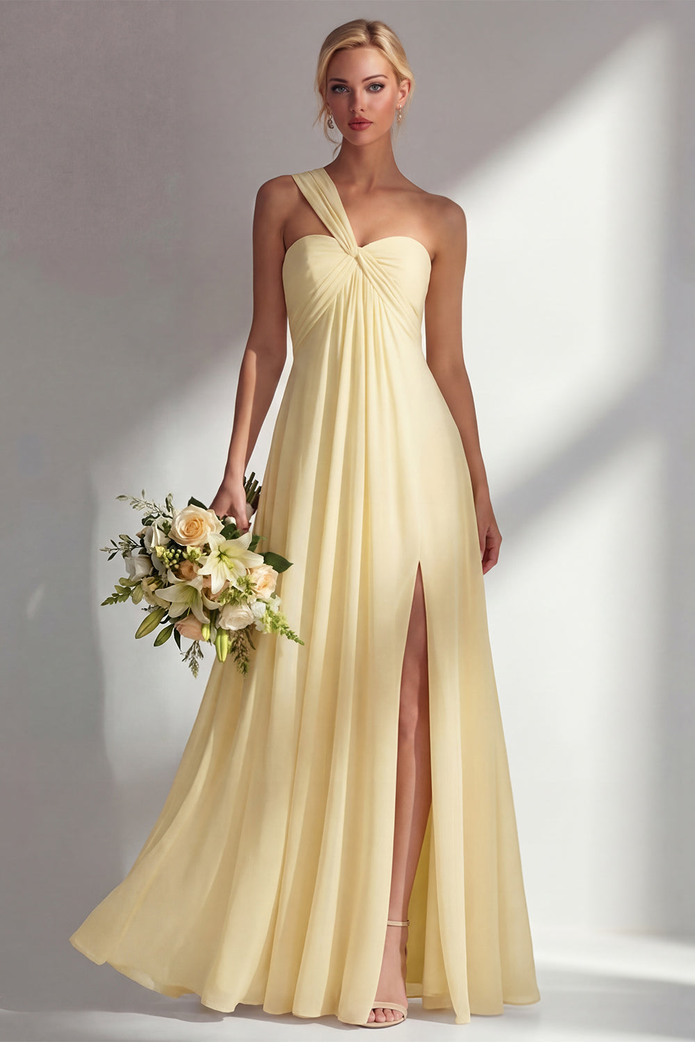One Shoulder Lemon Sorbet A Line Prom Dress