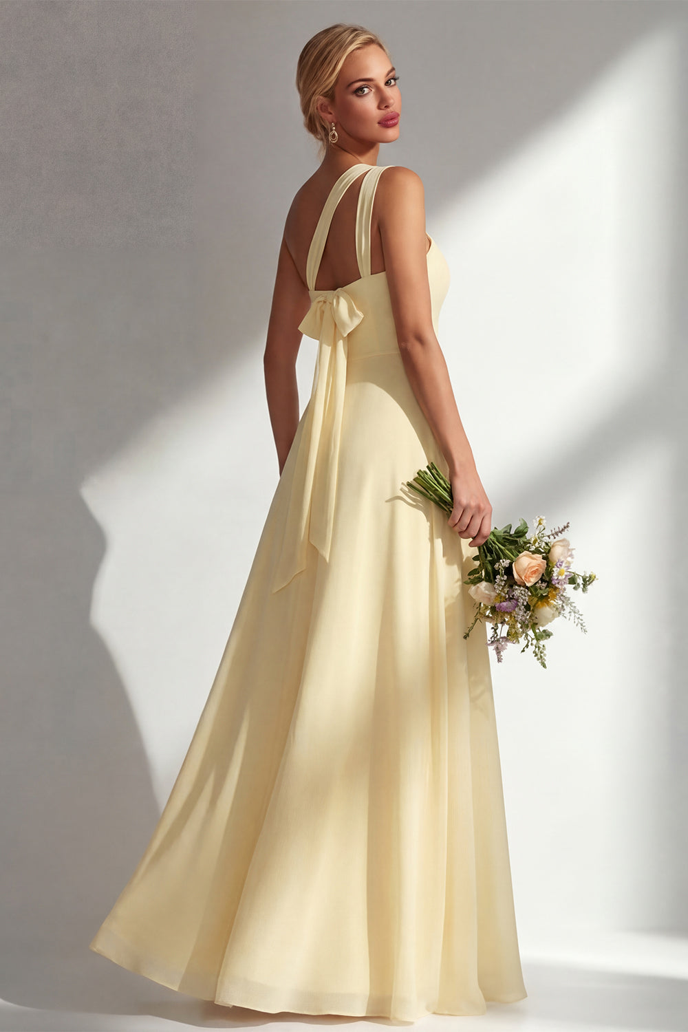 One Shoulder Lemon Sorbet A Line Prom Dress