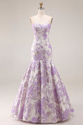 Mermaid Lilac Floral Strapless Brocade Prom Dress