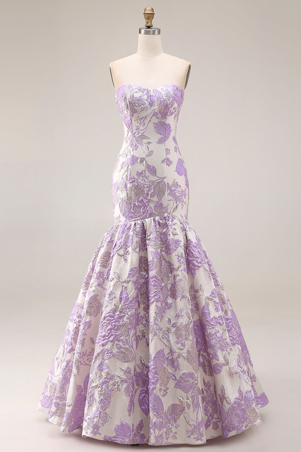 Mermaid Lilac Floral Strapless Brocade Prom Dress