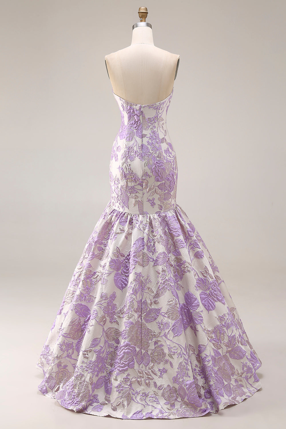 Mermaid Lilac Floral Strapless Brocade Prom Dress