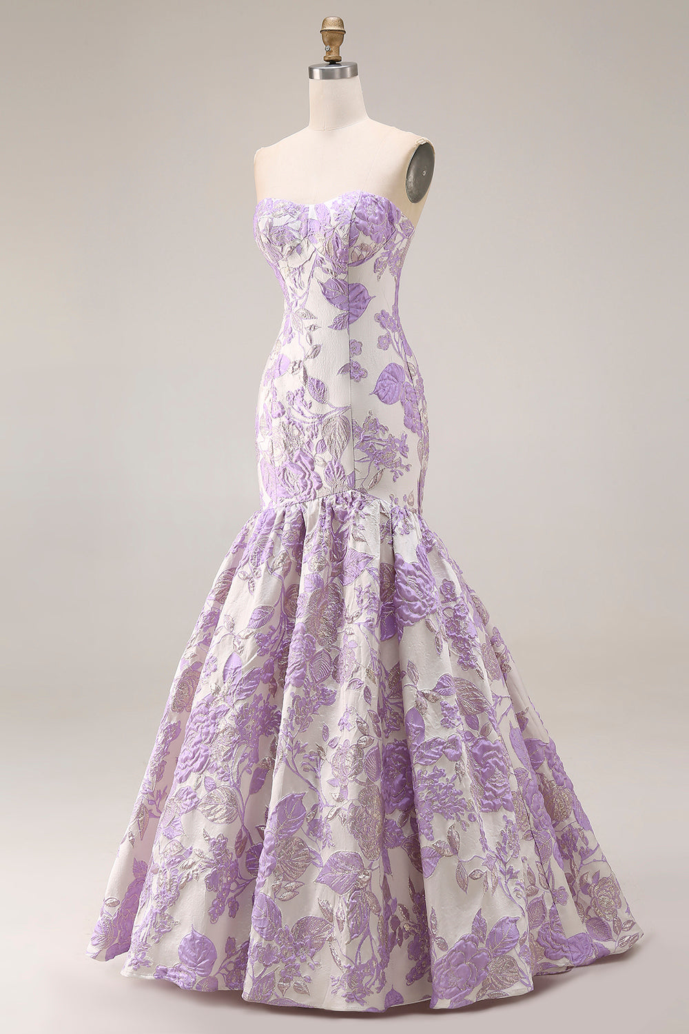 Mermaid Lilac Floral Strapless Brocade Prom Dress