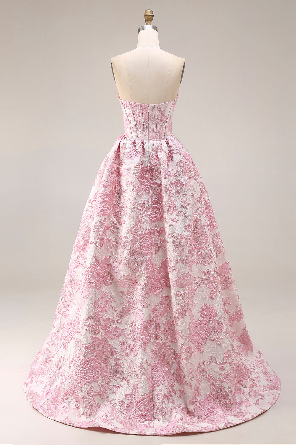 A Line Strapless Ivory Pink Floral Brocade Prom Dress