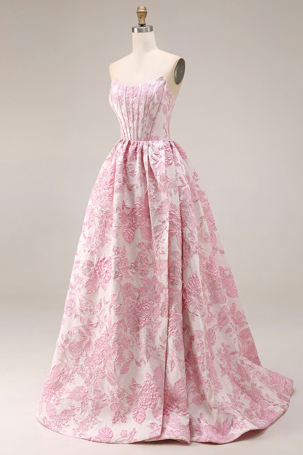 A Line Strapless Ivory Pink Floral Brocade Prom Dress