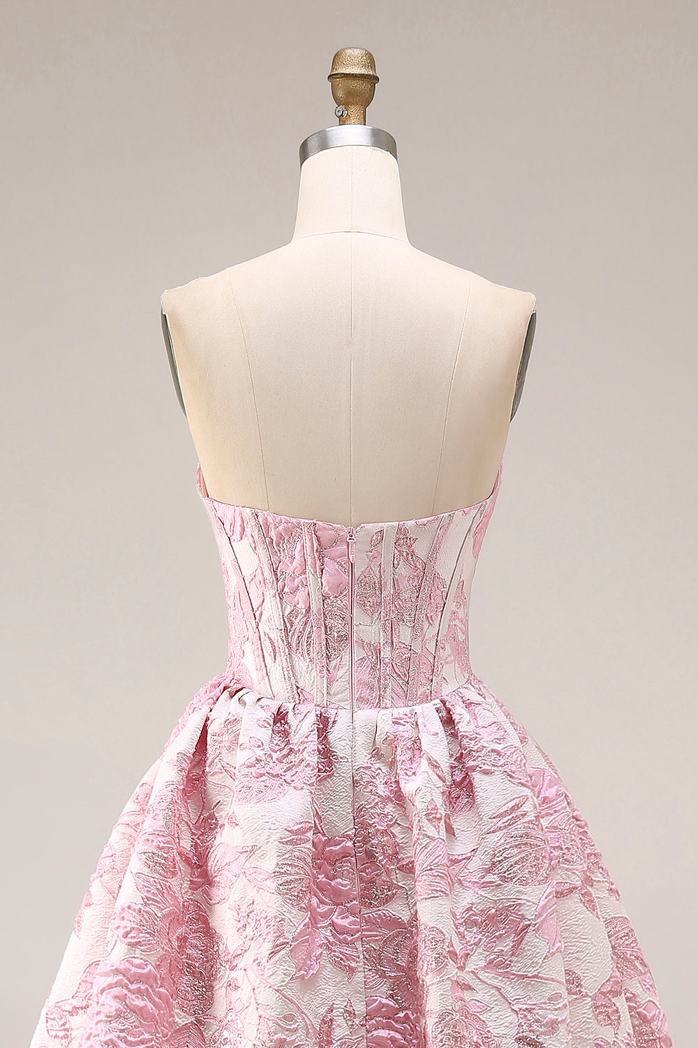 A Line Strapless Ivory Pink Floral Brocade Prom Dress