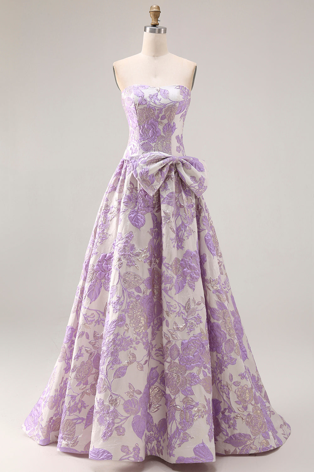 Lilac A Line Floral Strapless Prom Dress with Bow