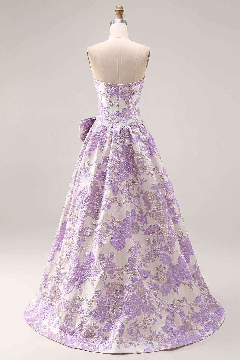 Lilac A Line Floral Strapless Prom Dress with Bow