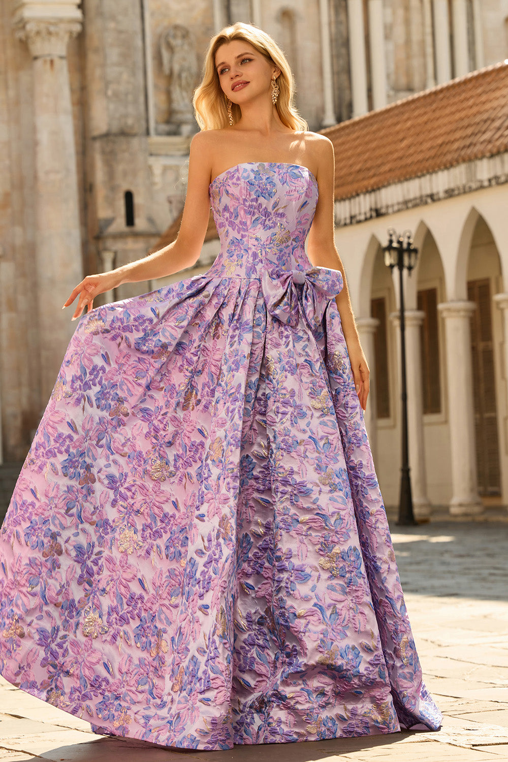 Lilac A Line Floral Strapless Prom Dress with Bow
