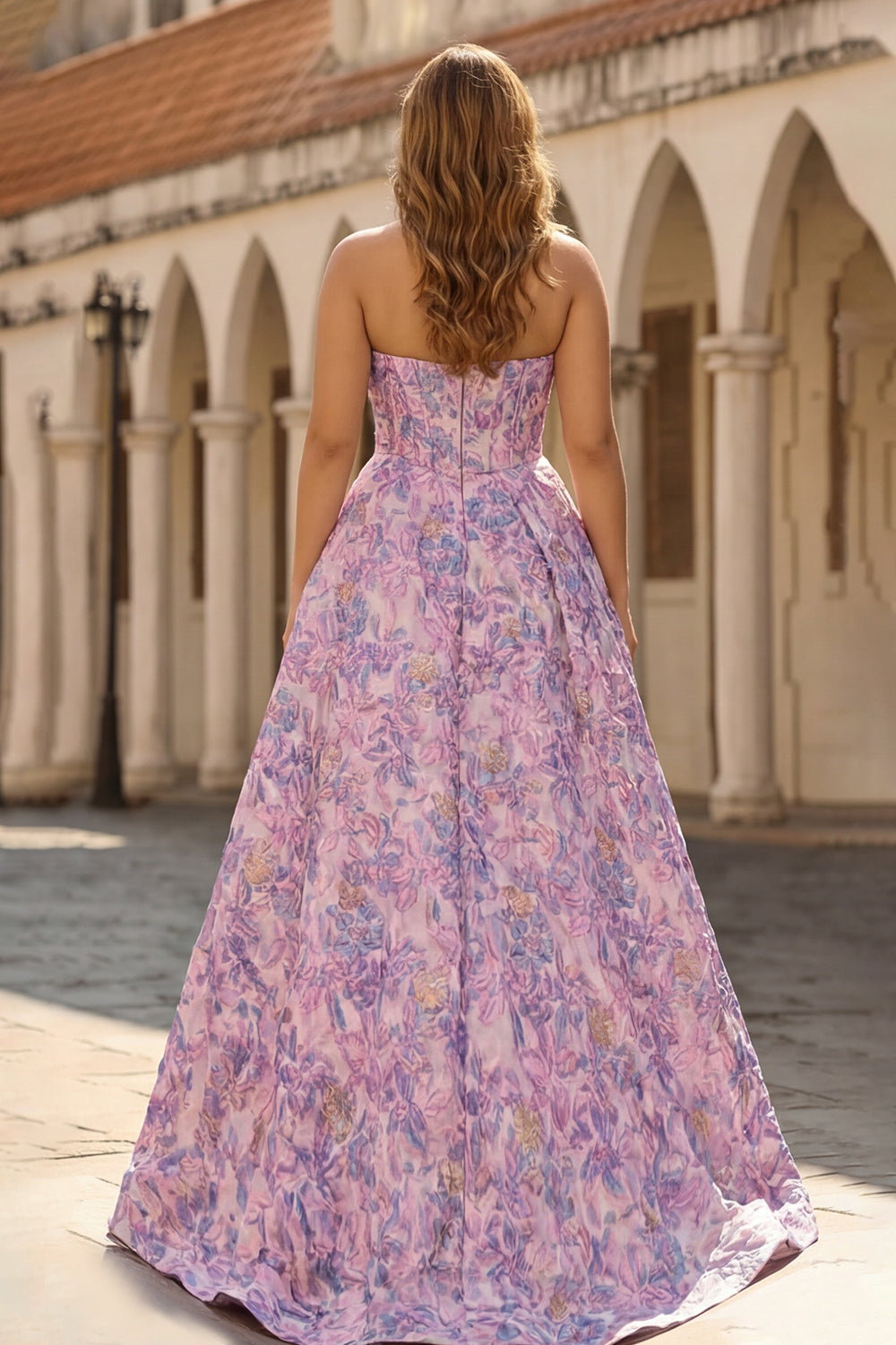 Lilac Strapless Plus Size Corset A Line Brocade Prom Dress