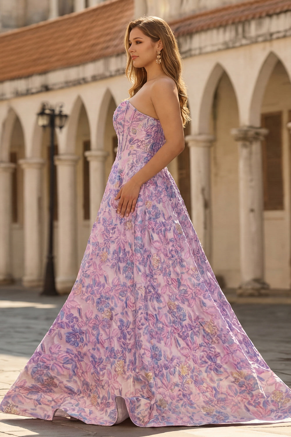 Lilac Strapless Plus Size Corset A Line Brocade Prom Dress
