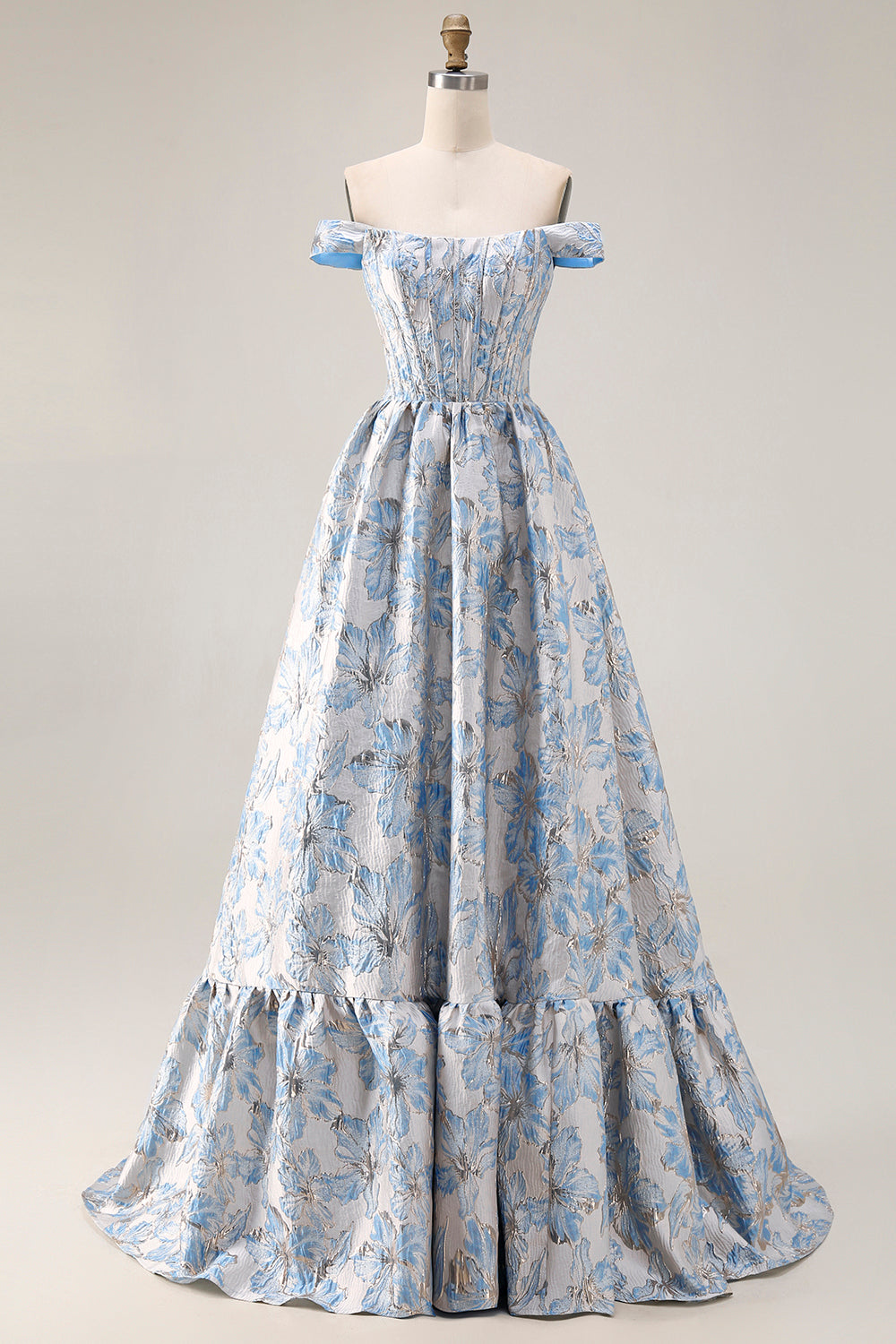 Light Blue Floral Off The Shoulder A-Line Corset Prom Dress
