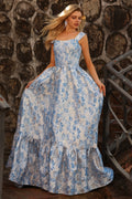 Light Blue Floral Off The Shoulder A-Line Corset Prom Dress