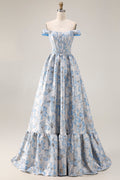 Off The Shoulder Light Blue Jacquard A-Line Corset Prom Dress