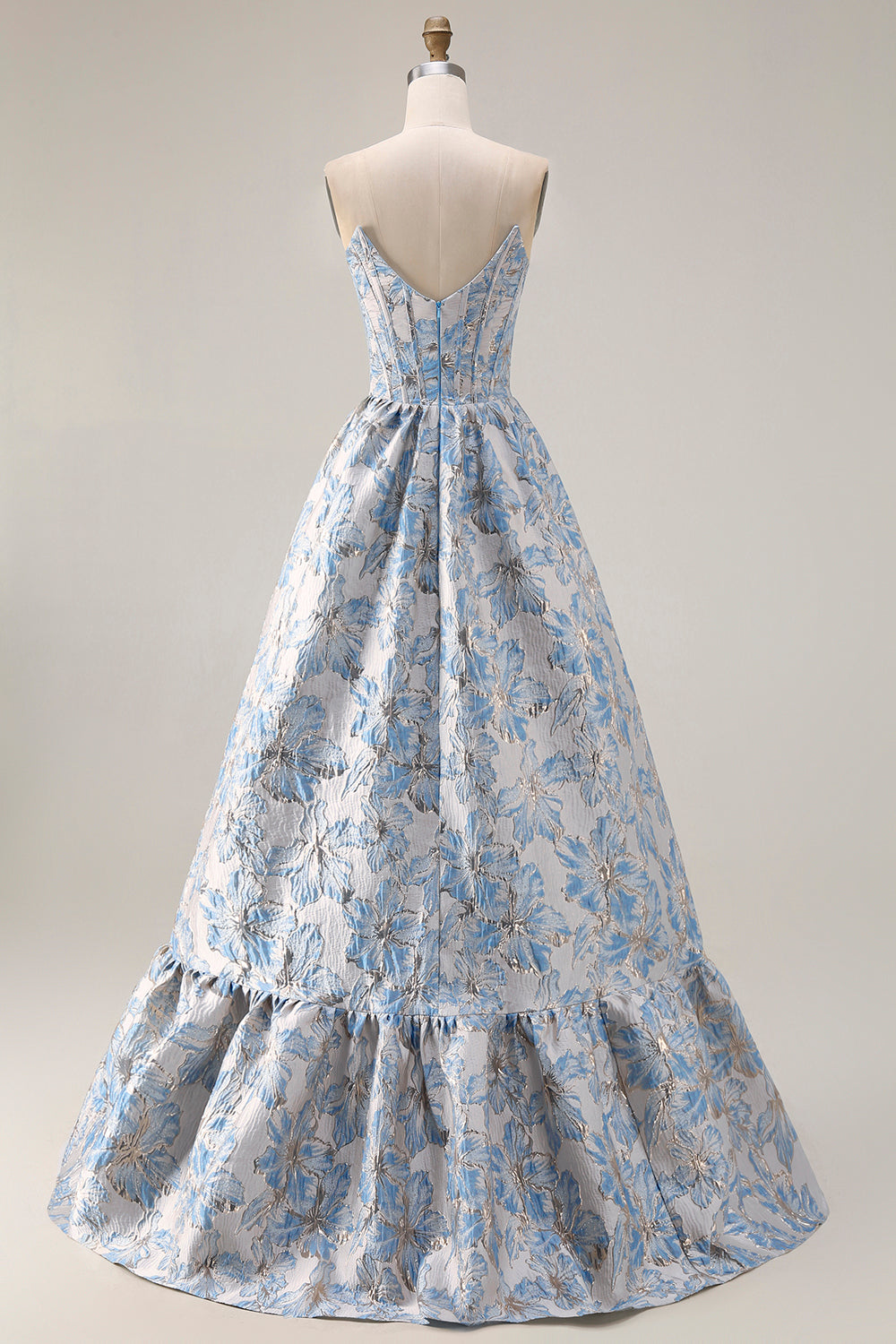 Off The Shoulder Light Blue Jacquard A-Line Corset Prom Dress