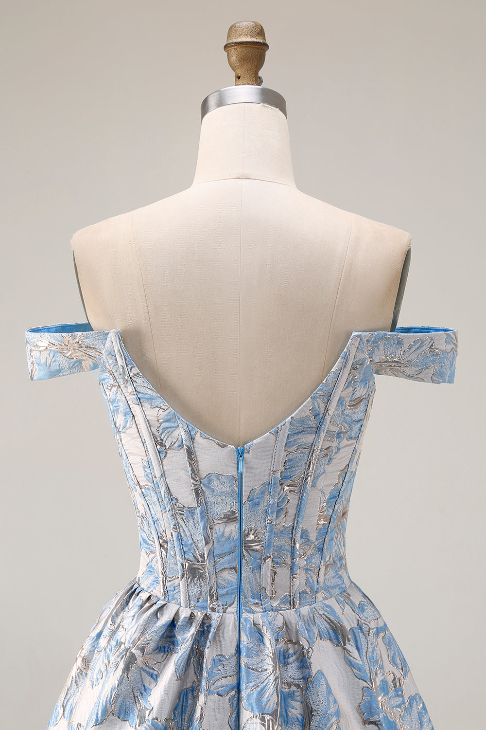 Off The Shoulder Light Blue Jacquard A-Line Corset Prom Dress