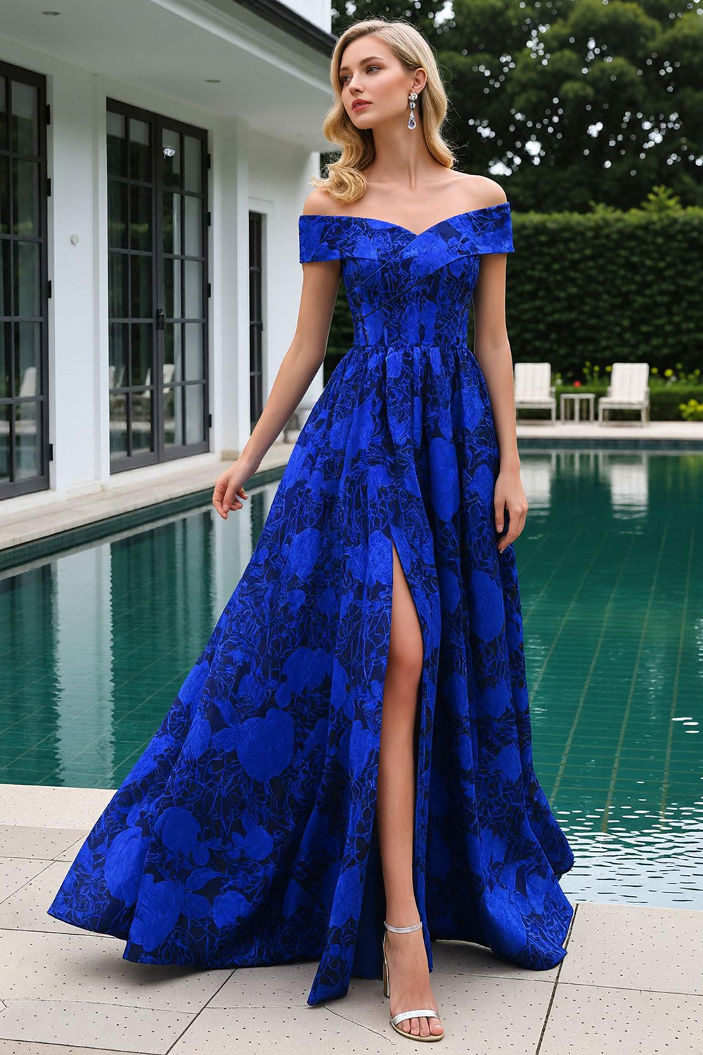 Royal Blue Floral Jacquard Off The Shoulder Prom Dress With Slit