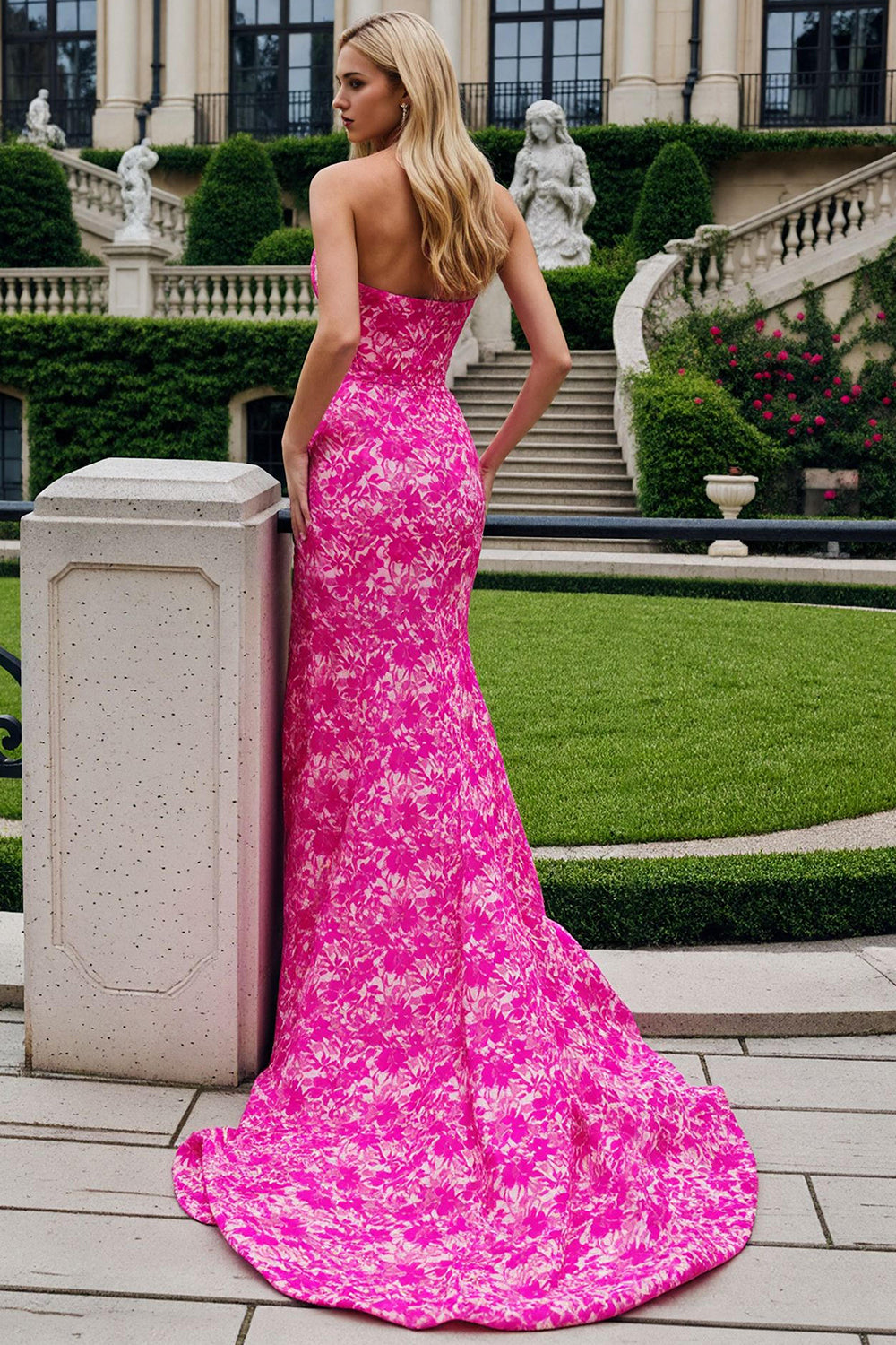 Floral Fuchsia Sweetheart Mermaid Prom Dress With Slit