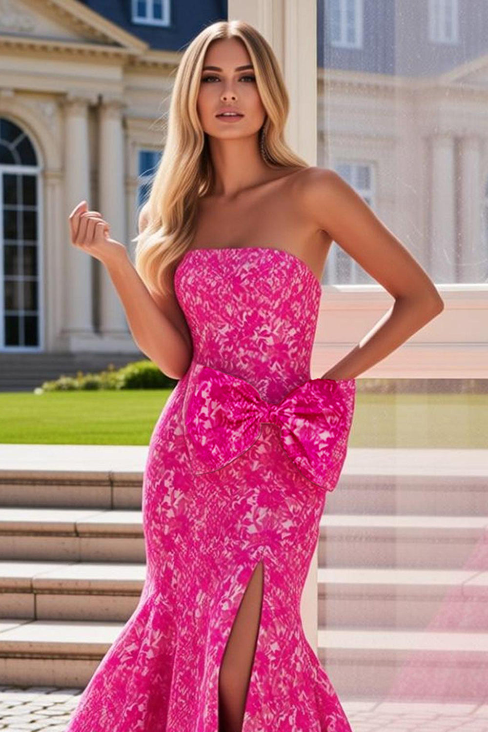 Strapless Fuchsia Flower Bowed Mermaid Prom Dress With Slit