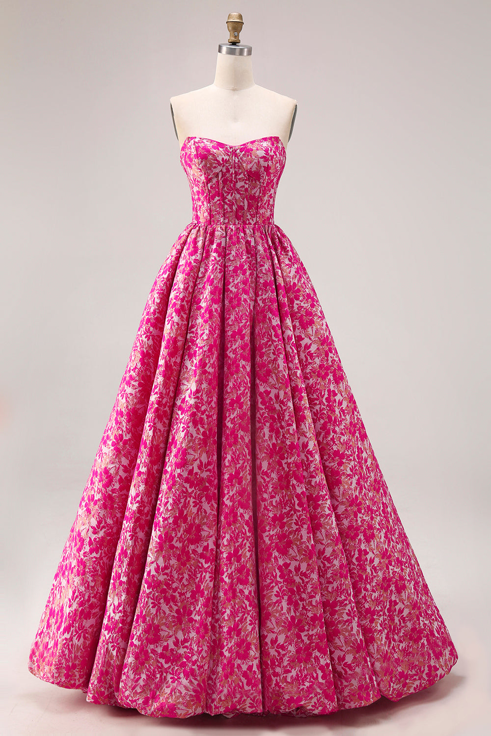 Fuchsia Flower A-Line Maxi Strapless Prom Dress With Pockets