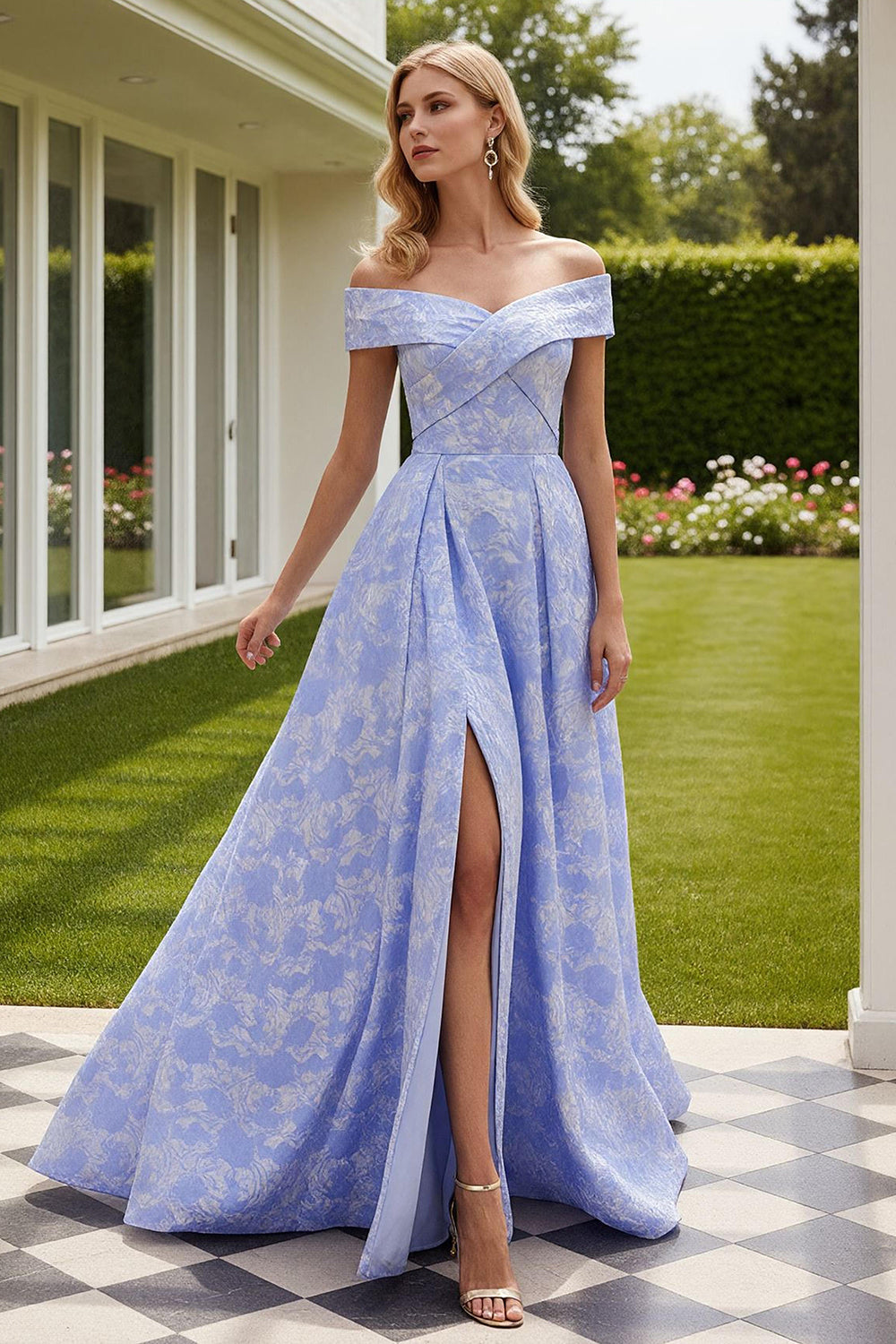 Off The Shoulder Light Blue Jacquard A-Line Prom Dress With Slit
