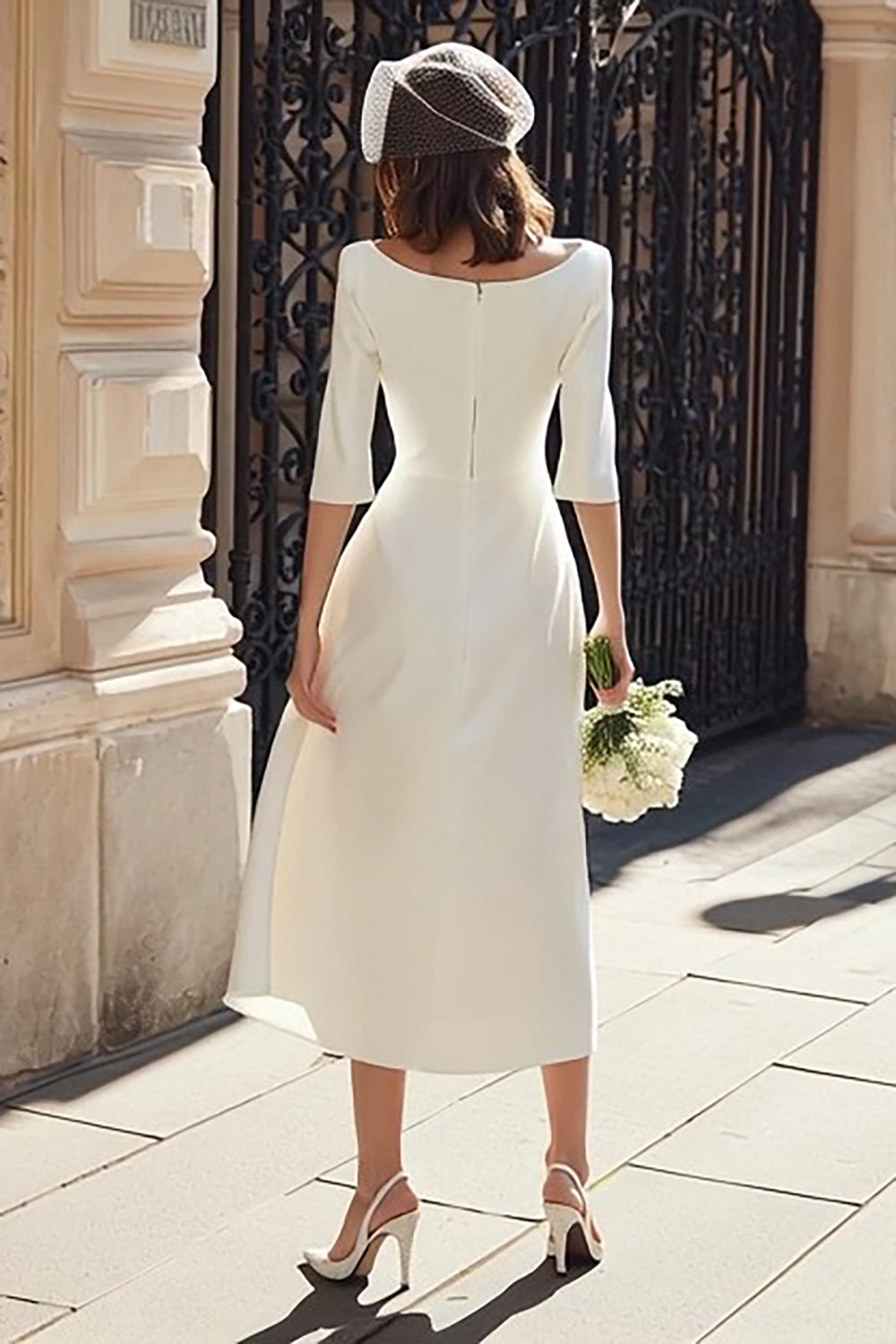 Ivory Satin A-Line Bateau Neck Midi Wedding Dress