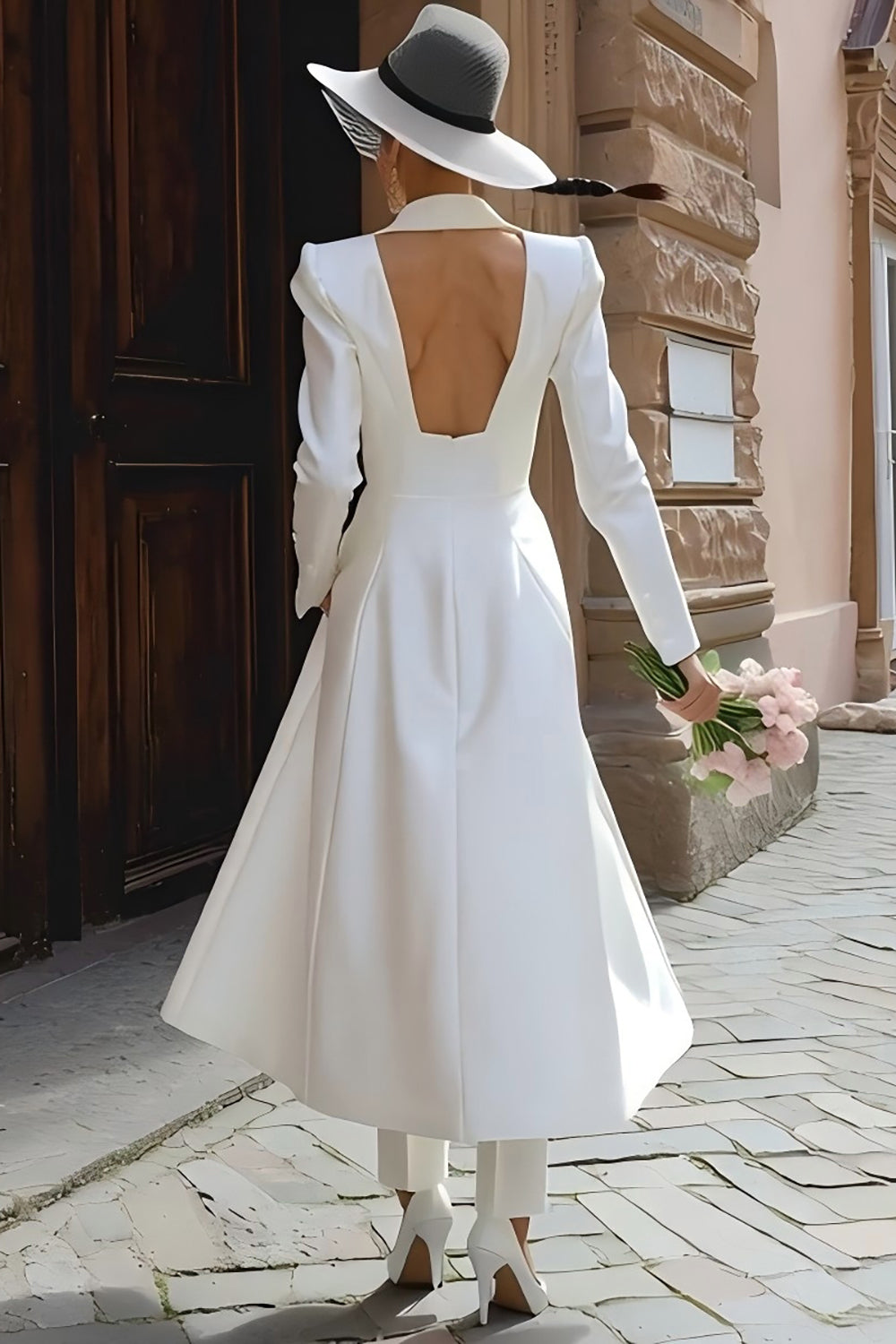 Peak Lapel 2 Piece Ivory Long Blazer Wedding Pant Suits