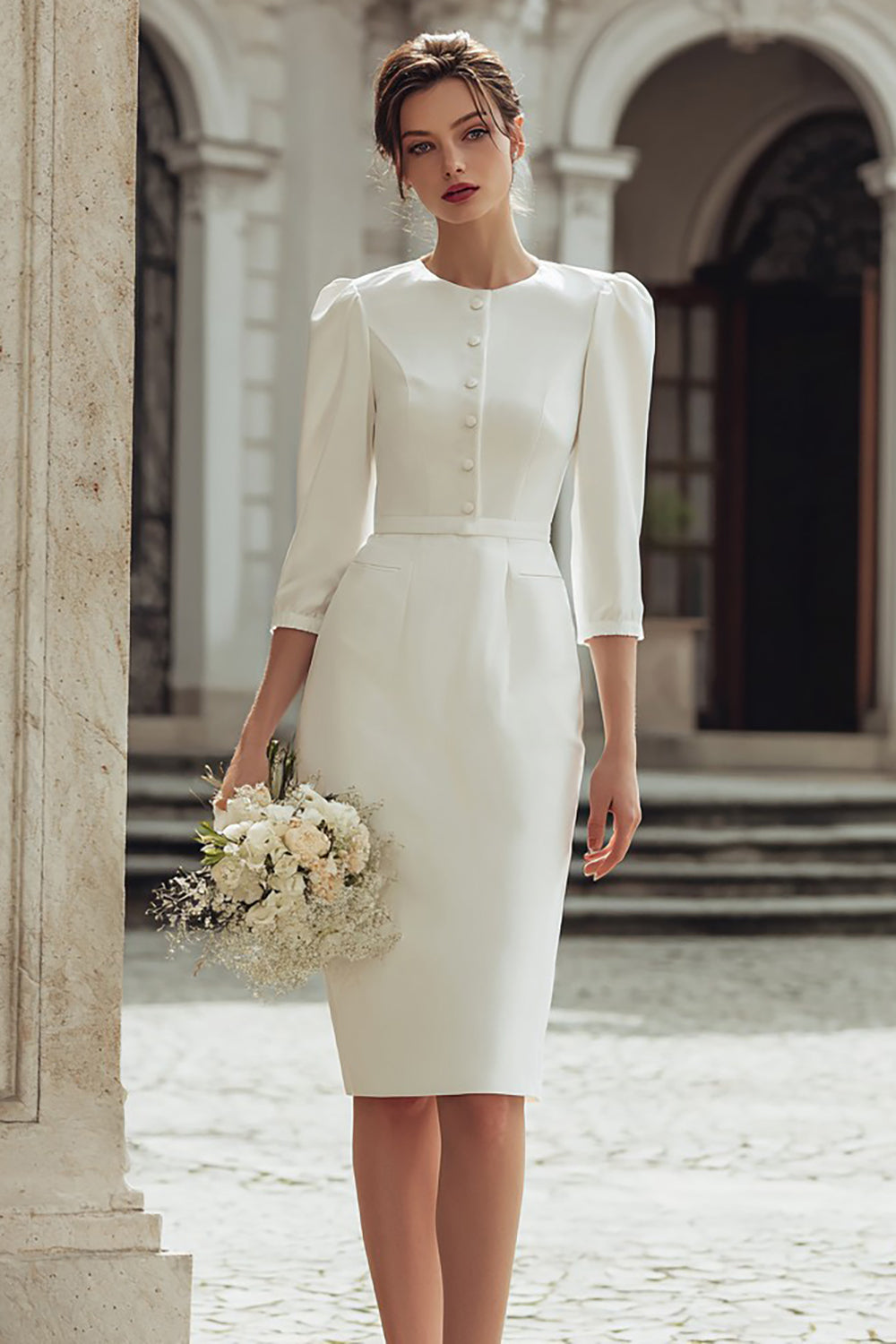 Ivory Sheath Satin Half Sleeve Courthouse Wedding Dress