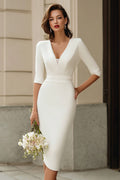 Ivory Pencil V-Neck Midi Rehearsal Dinner Dress
