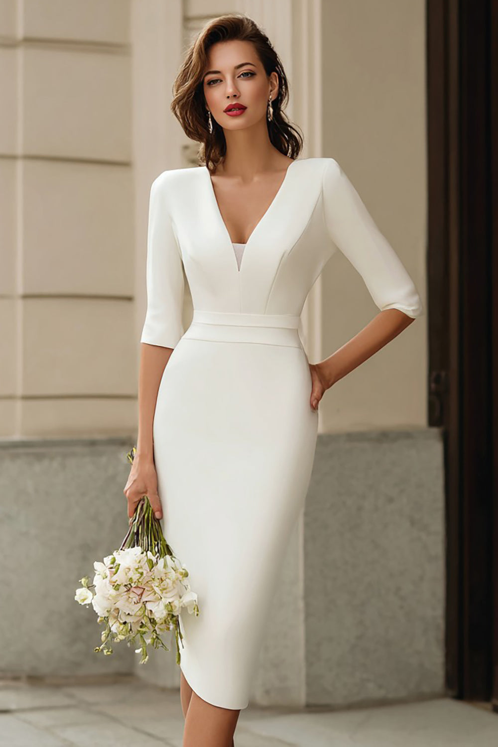 Ivory Pencil V-Neck Midi Rehearsal Dinner Dress