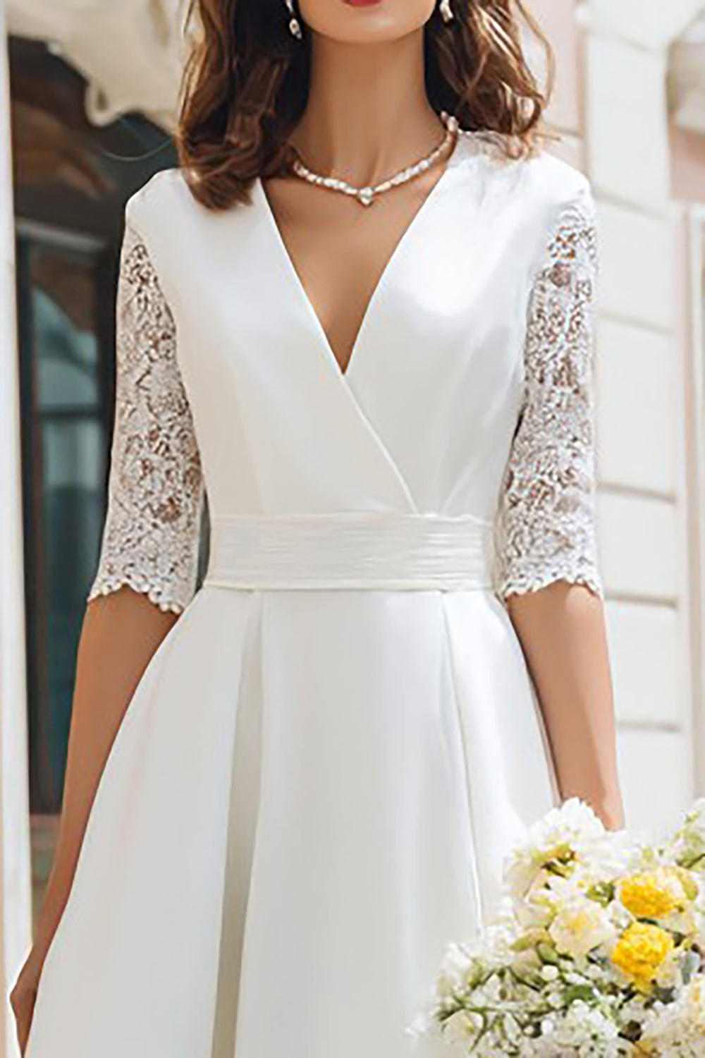 Ivory A-Line V-Neck Midi Wedding Dress With Lace Half Sleeves