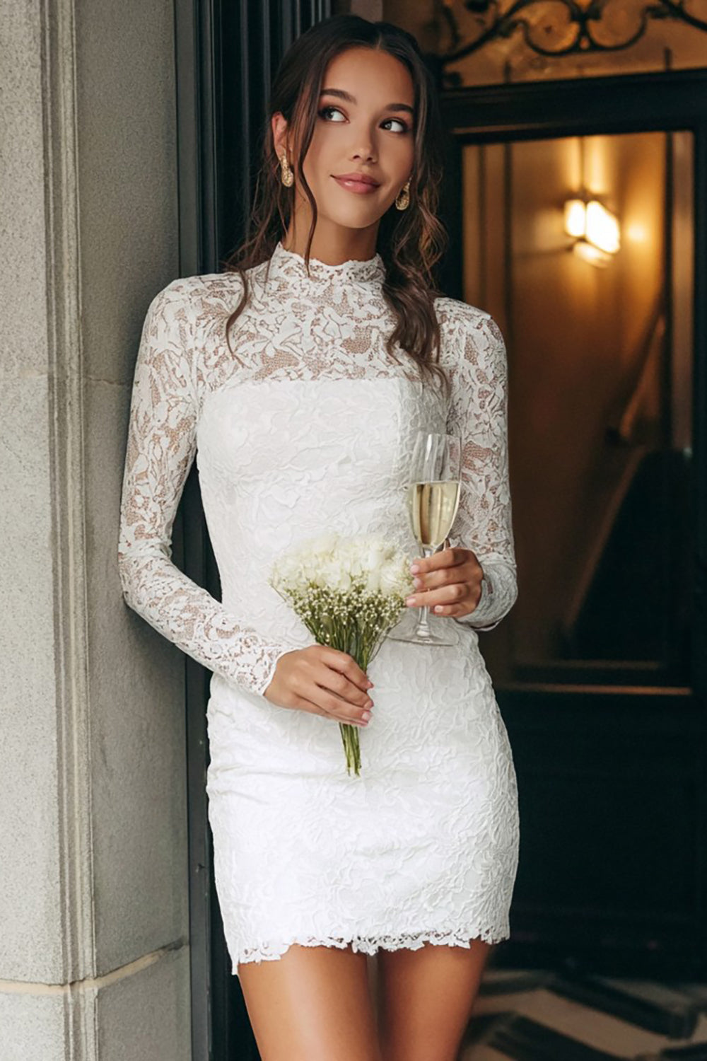 Ivory Lace Bodycon High Neck Mini Bridal Shower Dress