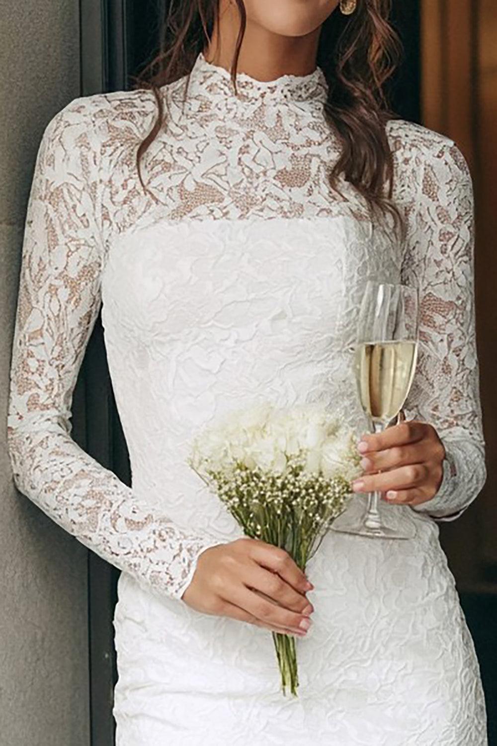 Ivory Lace Bodycon High Neck Mini Bridal Shower Dress