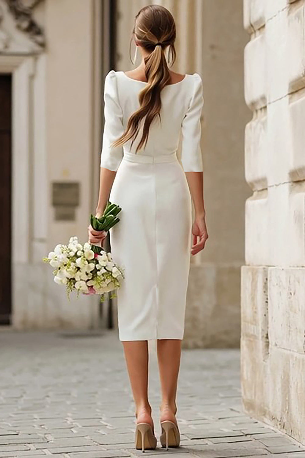 Sheath Ivory Square Neck Midi Engagement Dress with Slit