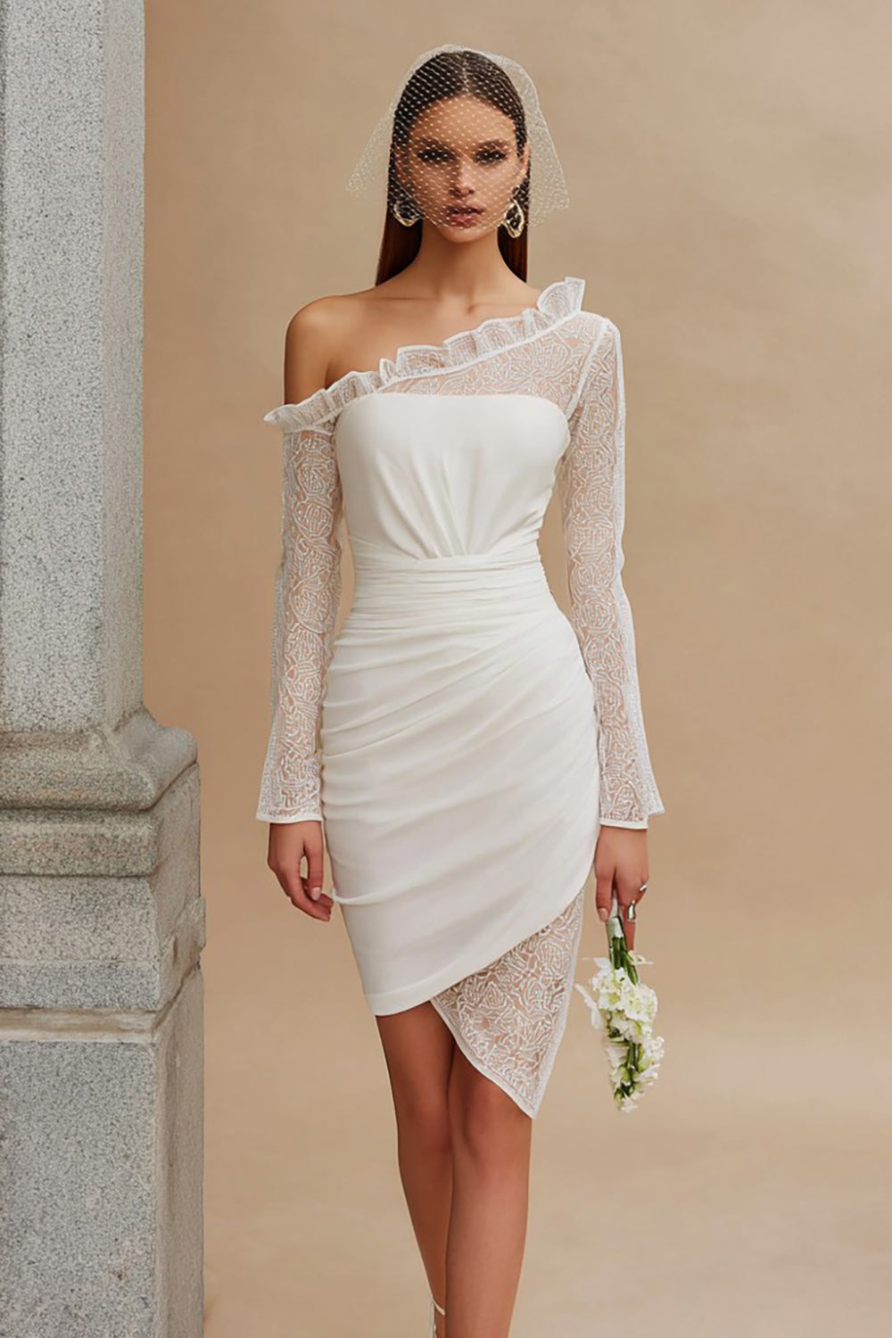 Ivory Bodycon Ruched Asymmetrical Rehearsal Dinner Dress