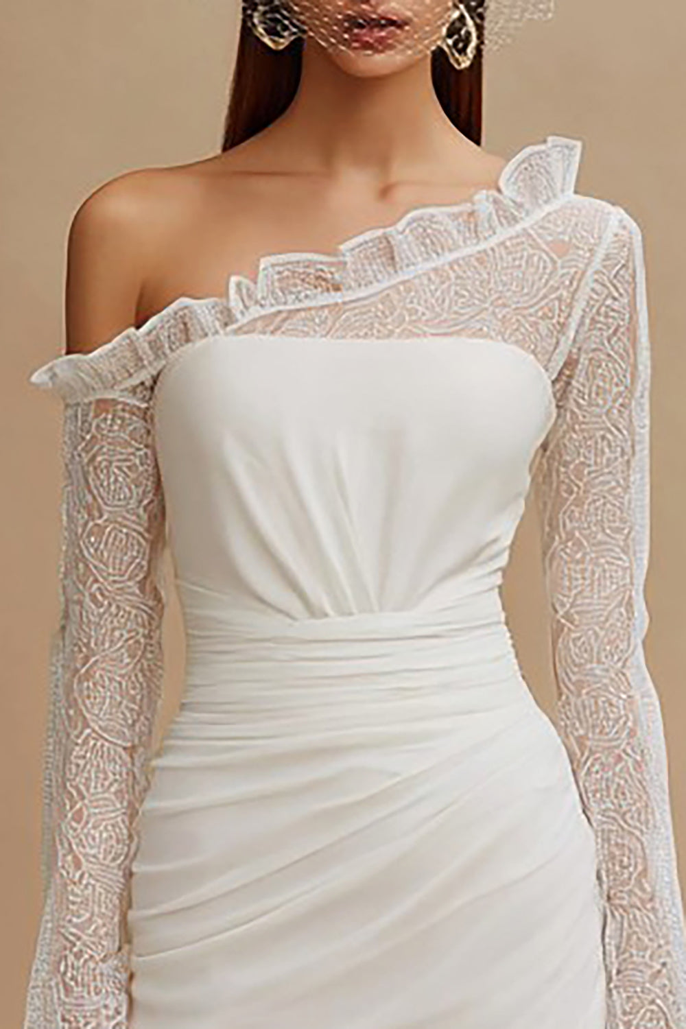 Ivory Bodycon Ruched Asymmetrical Rehearsal Dinner Dress
