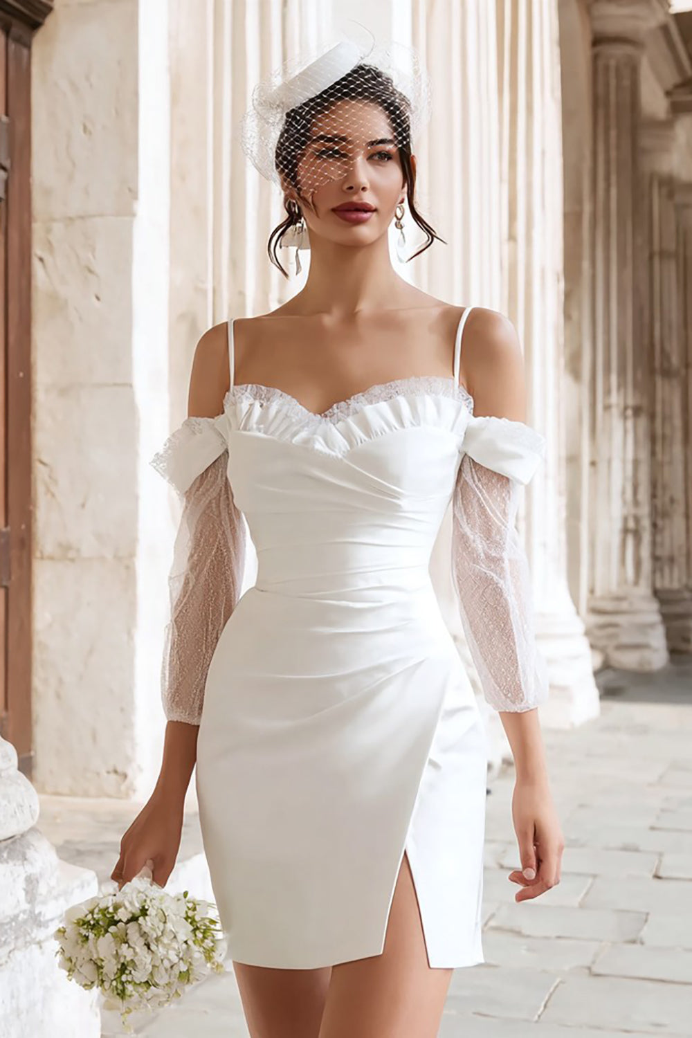 Ivory Bodycon Cold Shoulder Bridal Shower Dress With Slit