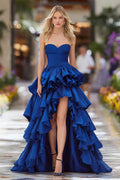 Dark Blue Sweetheart Ruffled A-Line High-Low Prom Dress