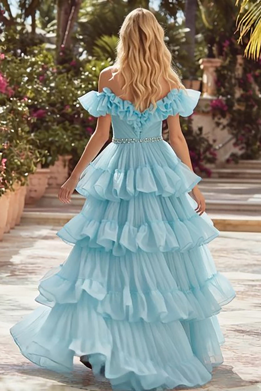 Off The Shoulder Sky Blue A-Line Ruffled Prom Dress