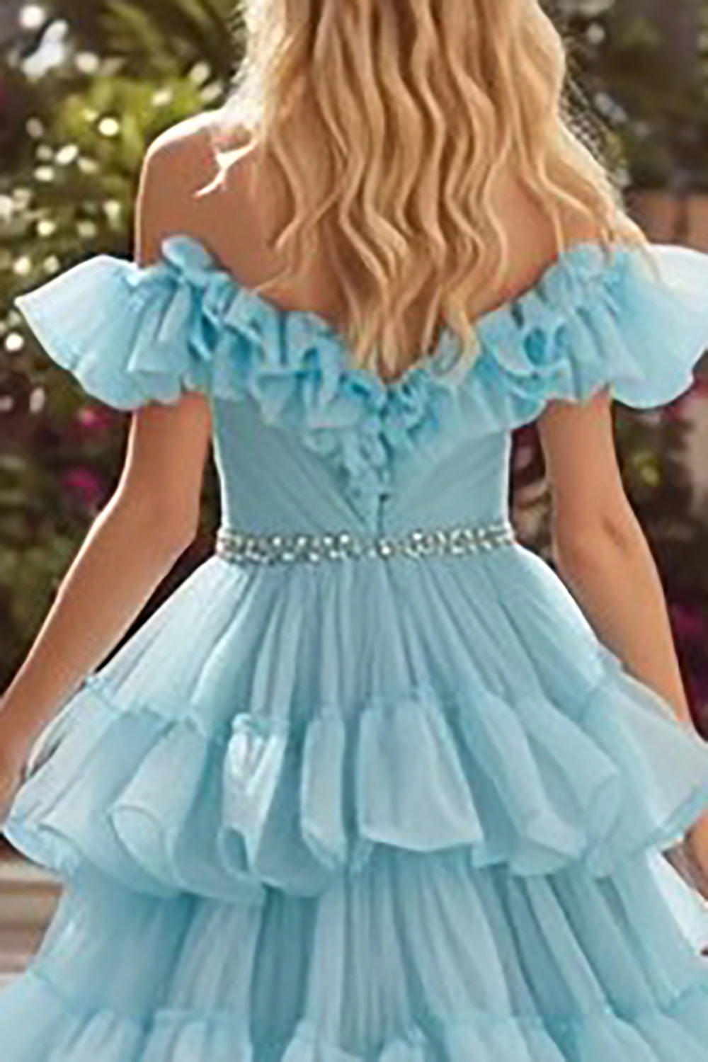 Off The Shoulder Sky Blue A-Line Ruffled Prom Dress