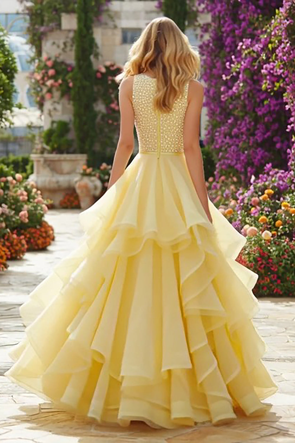 Light Yellow A-Line Ruffled Maxi Prom Dress With Beading