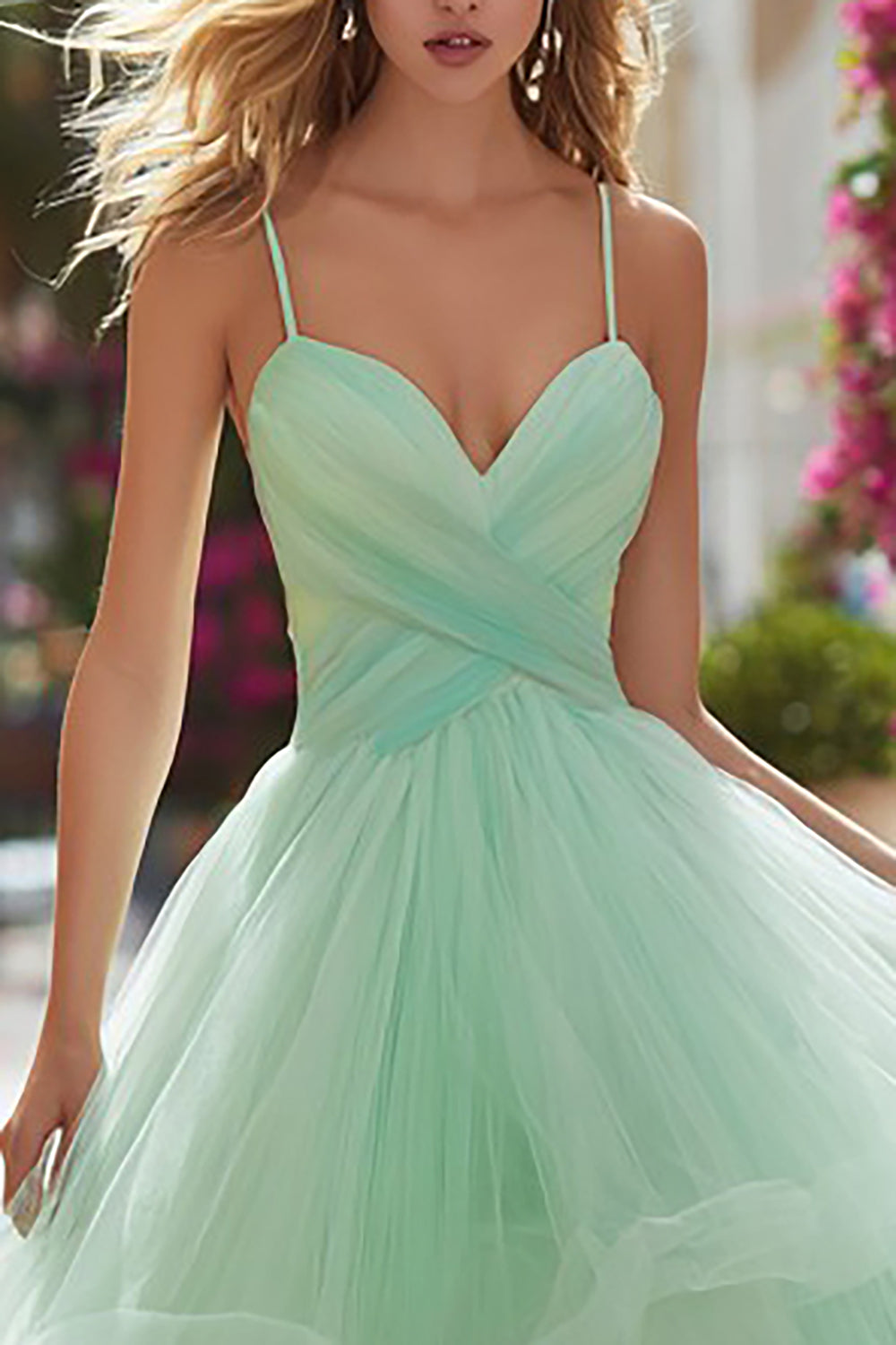 Princess Light Green Spaghetti Straps Maxi Prom Dress With Ruffles