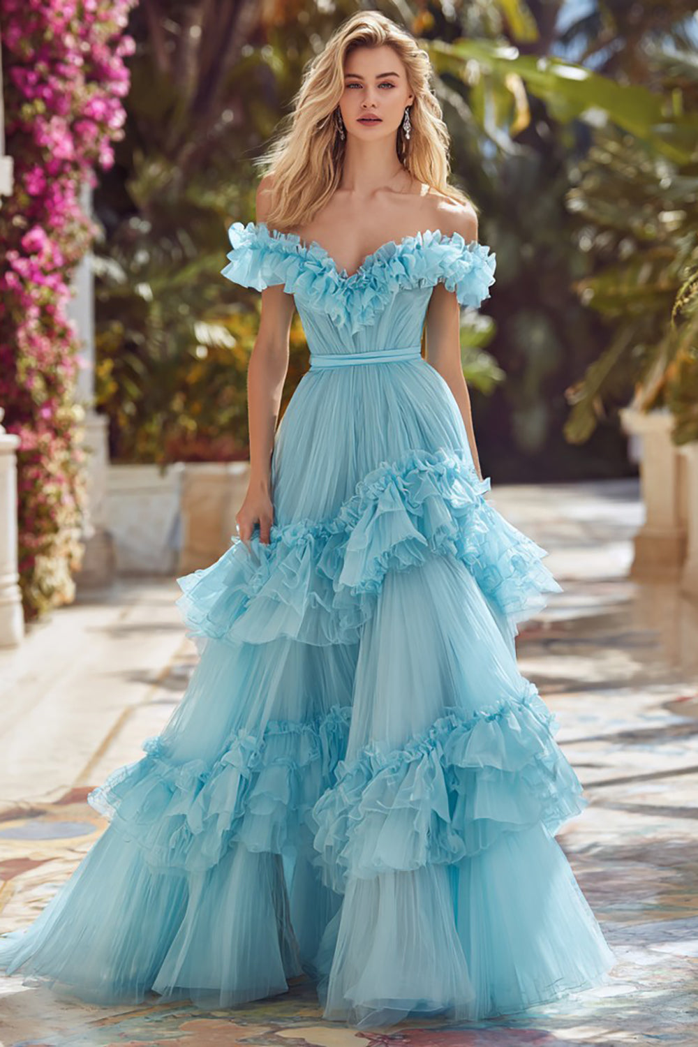 Sky Blue Off The Shoulder Ruffle A-Line Maxi Prom Dress