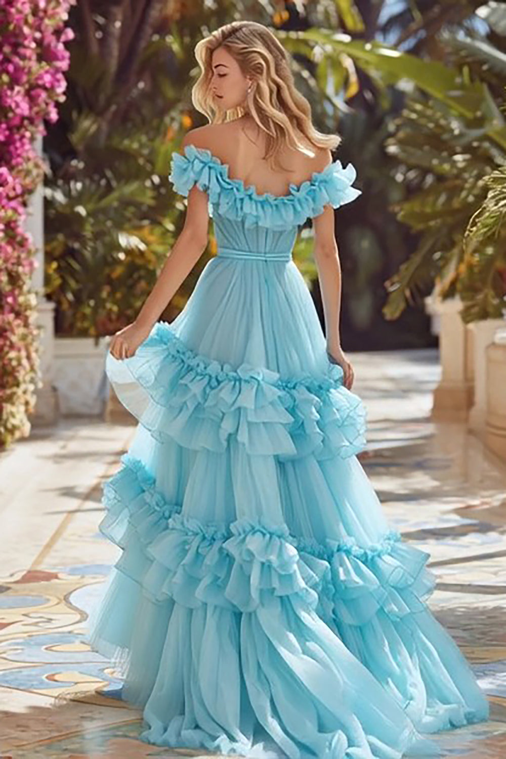 Sky Blue Off The Shoulder Ruffle A-Line Maxi Prom Dress