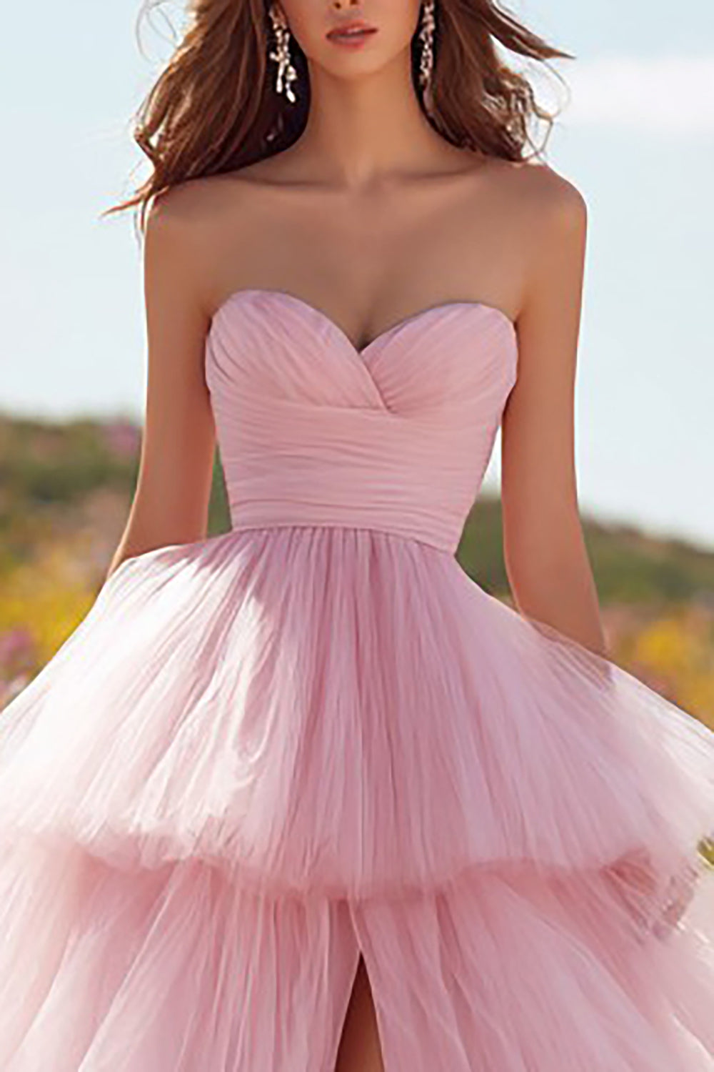 Pink Sweetheart Tiered Princess Prom Dress With Slit