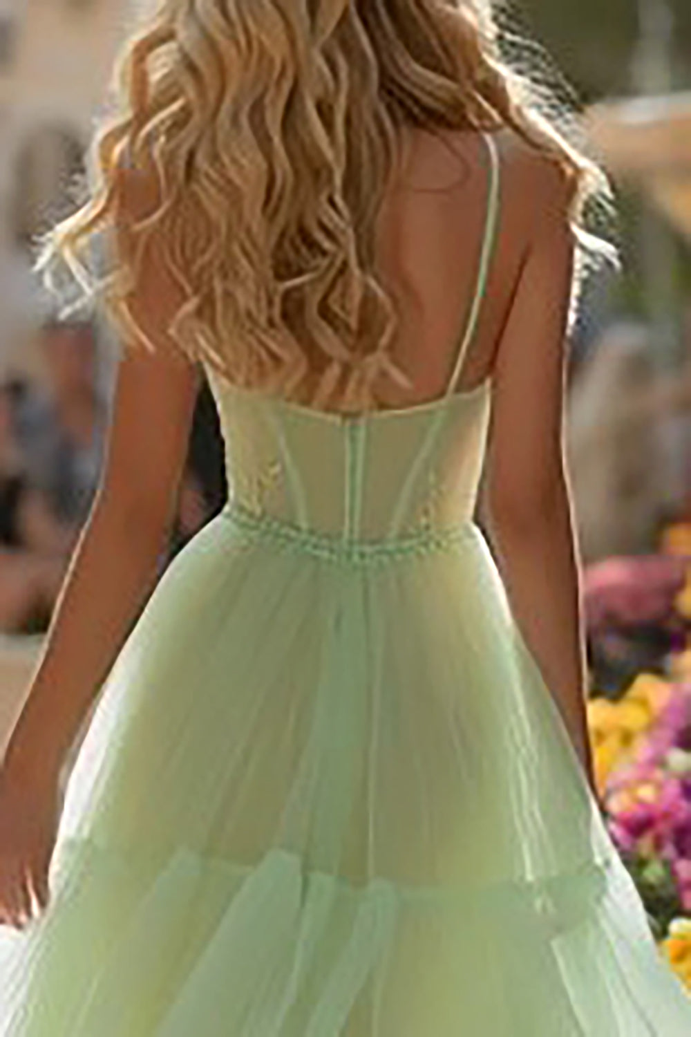 Light Green A-Line Corset Spaghetti Straps Tiered Prom Dress
