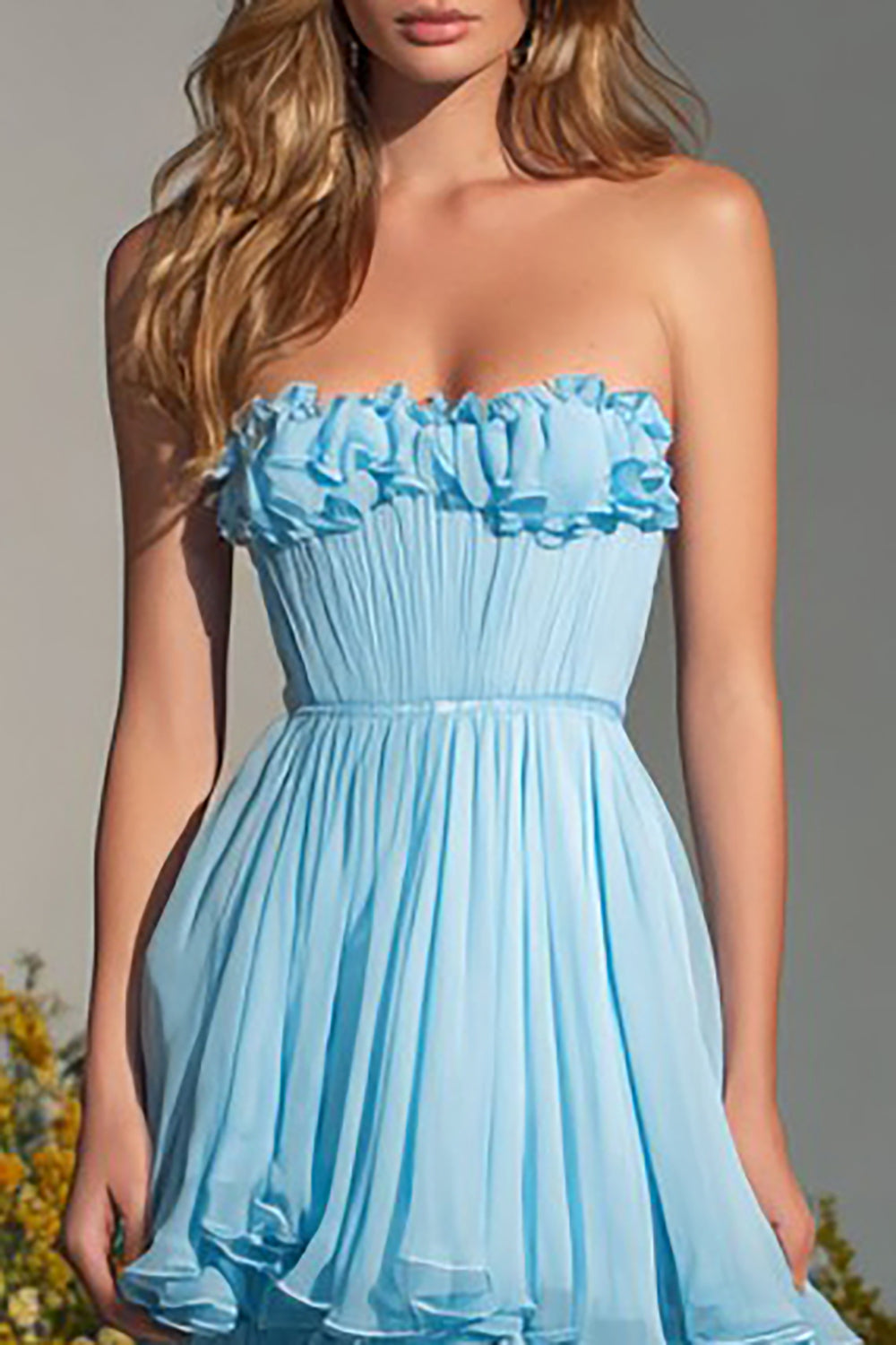 Strapless Sky Blue A-Line Ruffled Prom Dress